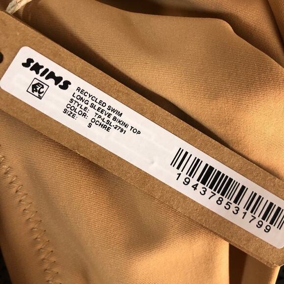 SKIMS Recycled Swim Top Long Sleeve Bikini Off Shoulder Ochre Tan NWT Size Small - Picture 8 of 9